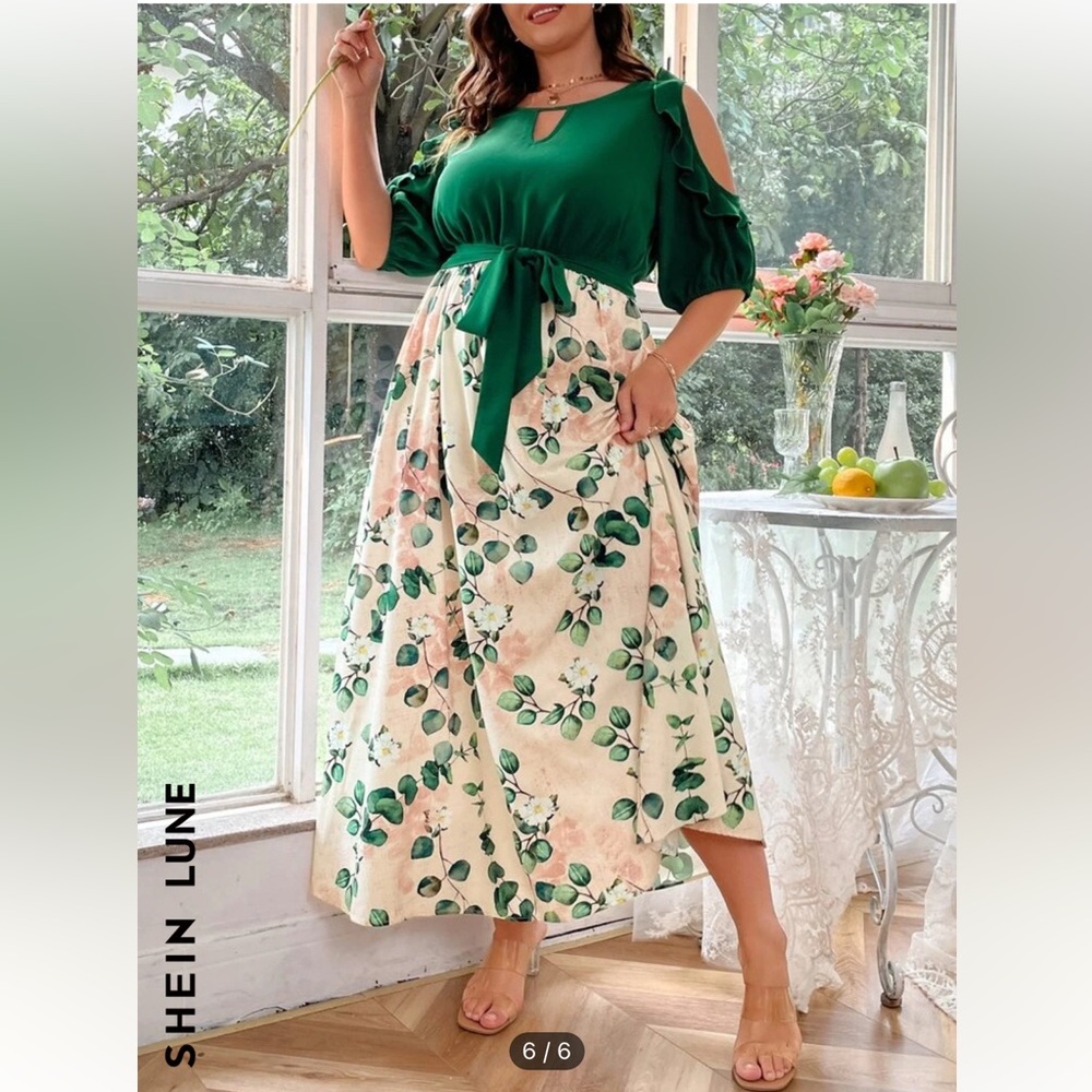 Shein Plus Size US 3X Floral Belted Cut Out Shoulder Long Dress